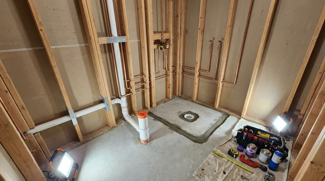 Bathroom rough-in plumbing during remodel by Johns Plumbing LLC in Slater