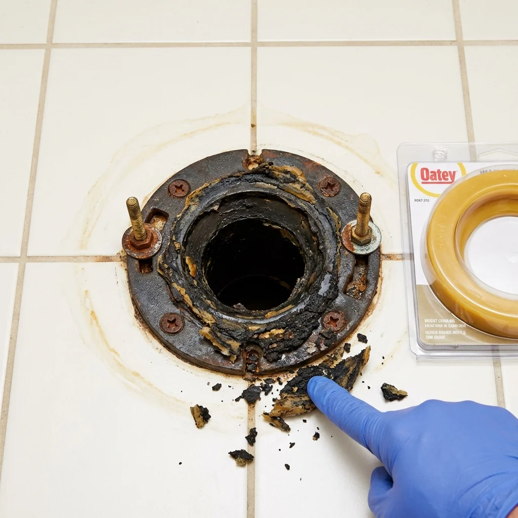 Failed wax ring showing water seepage at the base of a toilet in a Slater, MO home