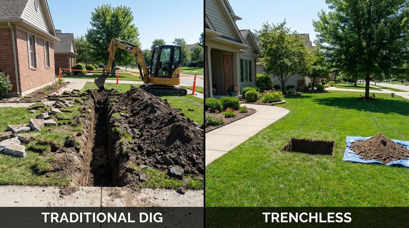 Trenchless sewer repair with minimal yard damage versus traditional excavation in Slater, MO