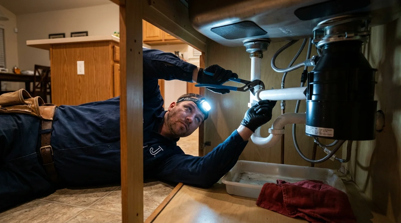 P-trap and supply line connections under a kitchen sink showing a common leak point in Slater, MO